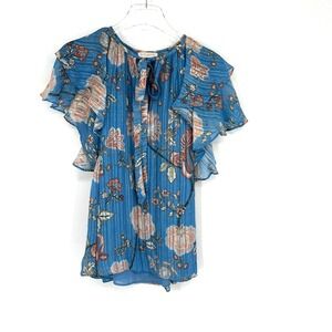 Ramy Brook Top Womens‎ L Blue Floral Blouse Flutter Sleeve Boho Feminine Career
